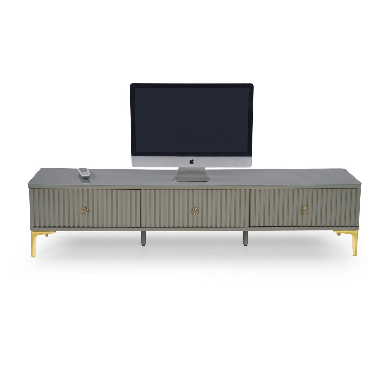 Glass Top TV Unit in Grey with Fluted Detail
