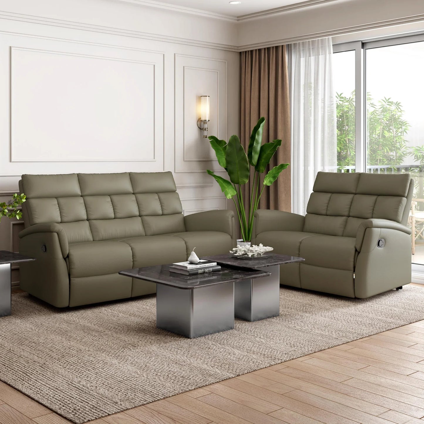 Leather 3 Seater Reclining Sofa in Olive Green