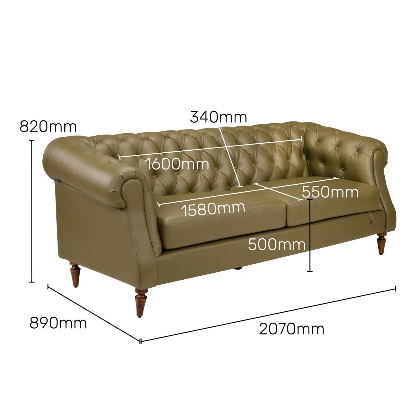 Leatherette 3 Seater Chesterfield Sofa in Olive Green