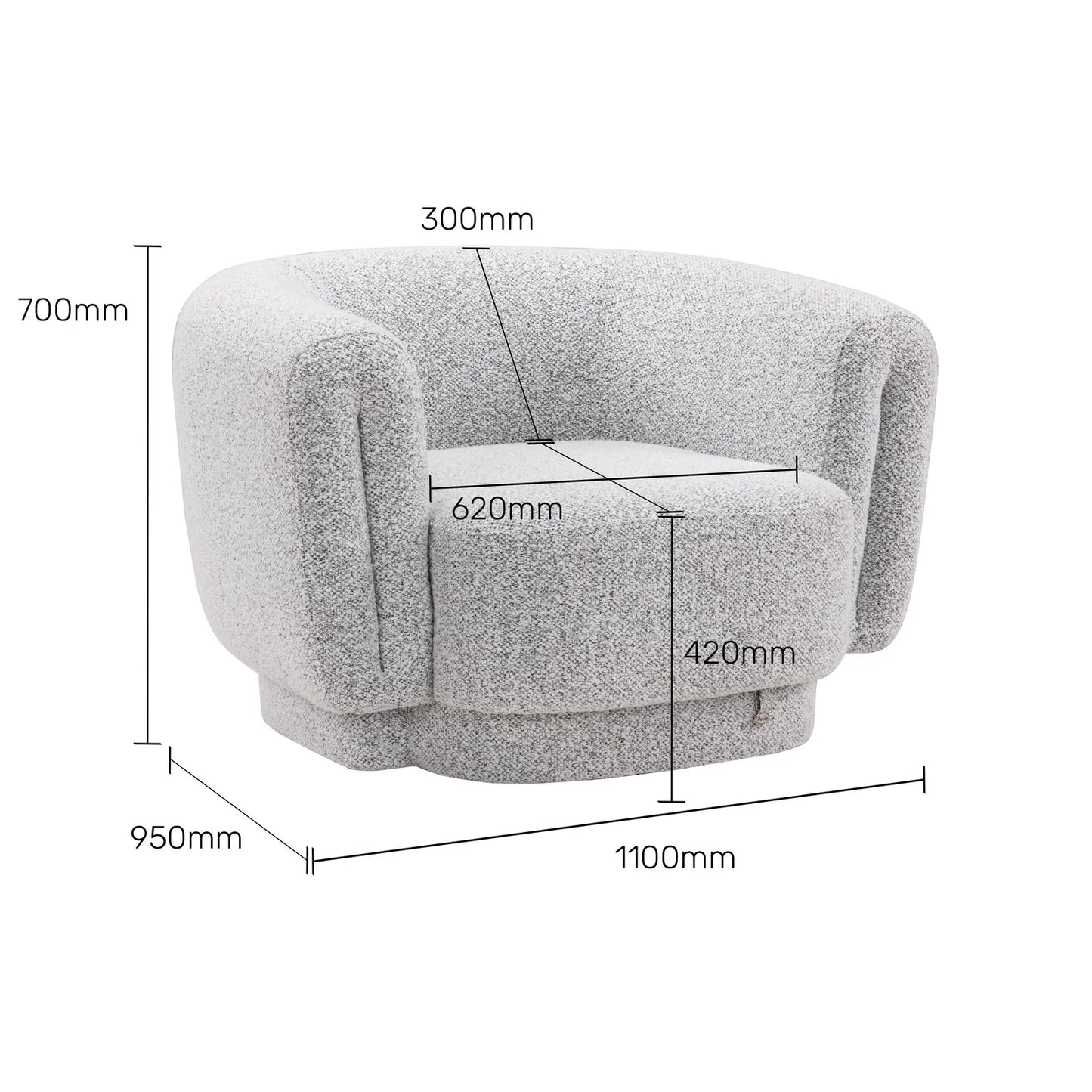 Boucle 1 Seater Curved Sofa in Moonlight Grey