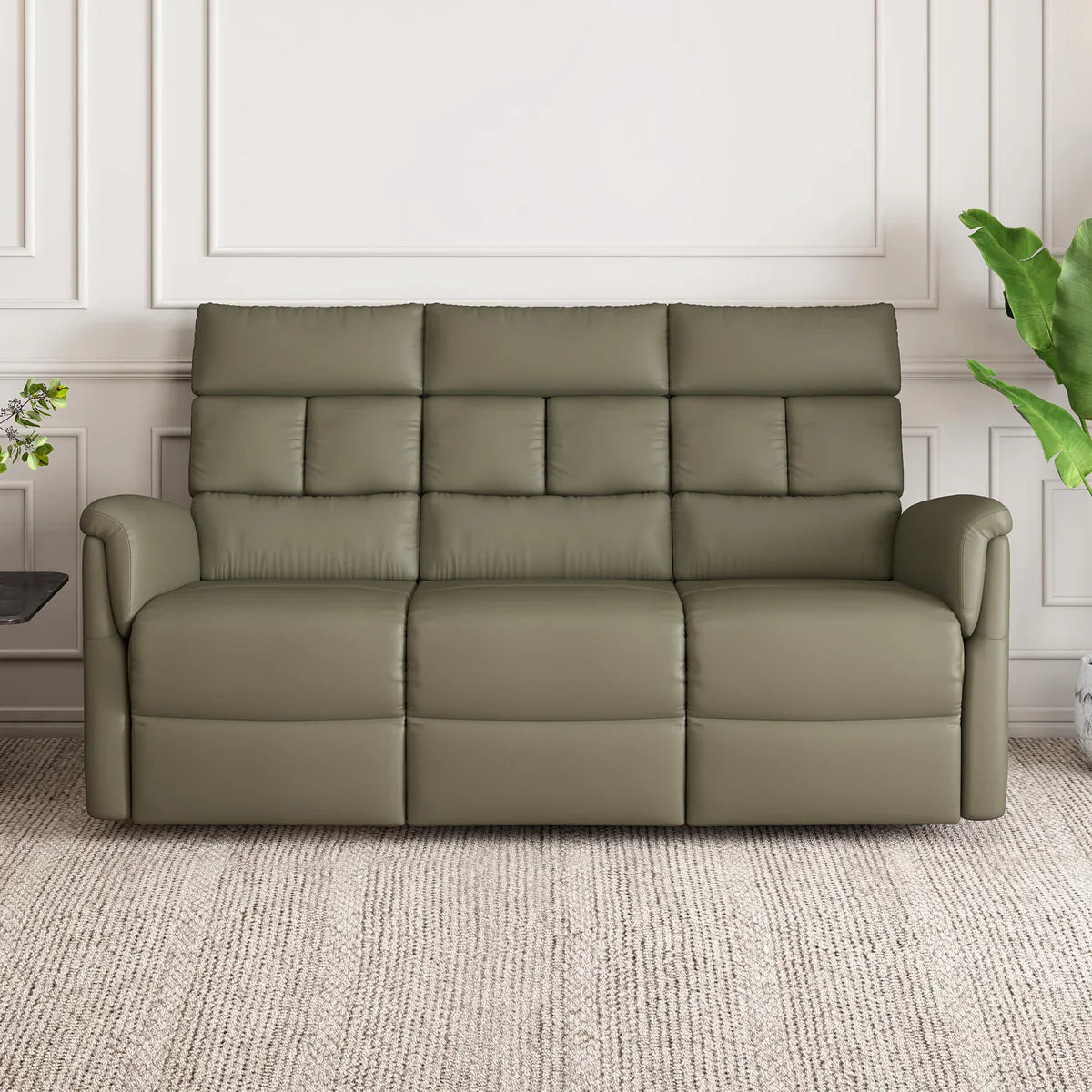 Leather 3 Seater Reclining Sofa in Olive Green