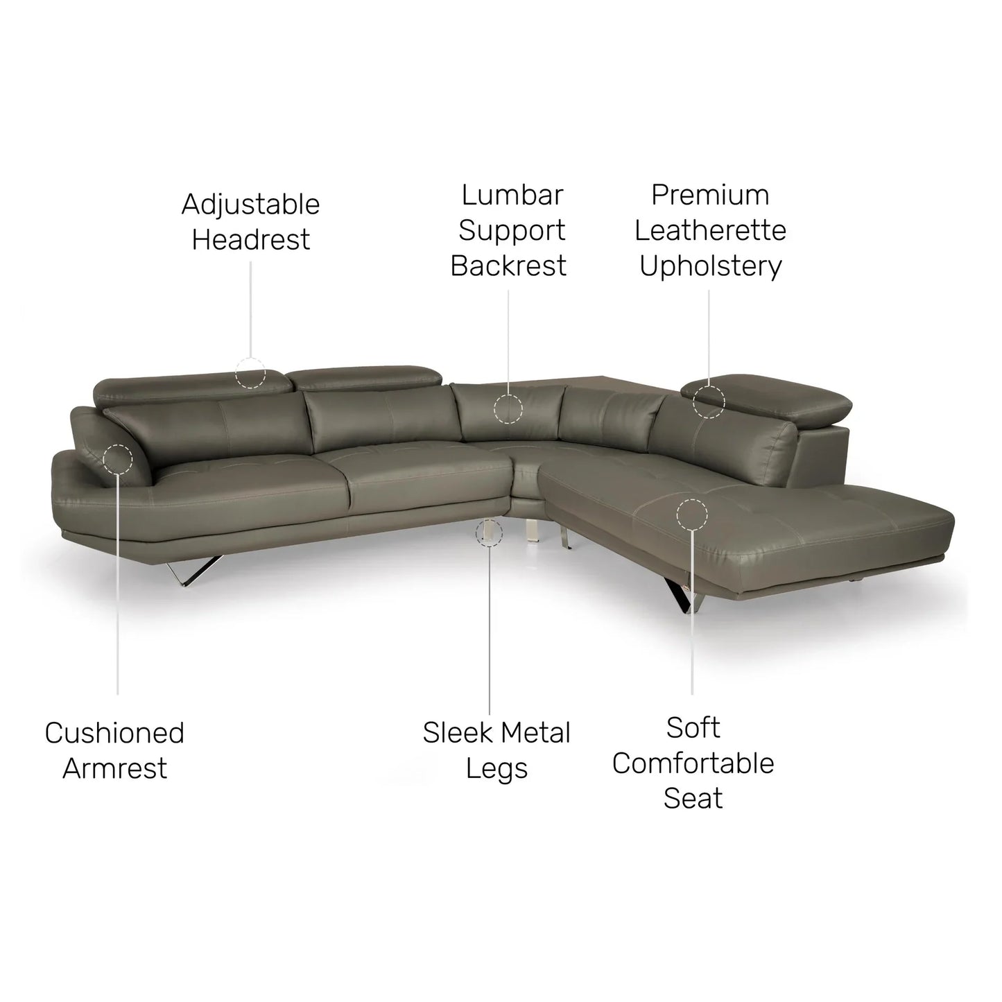 Leatherette L-Shape Sofa with Adjustable Headrest