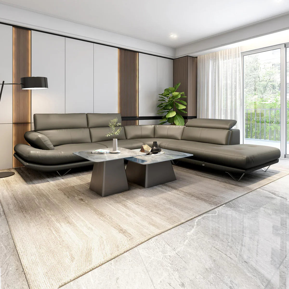Leatherette L-Shape Sofa with Adjustable Headrest