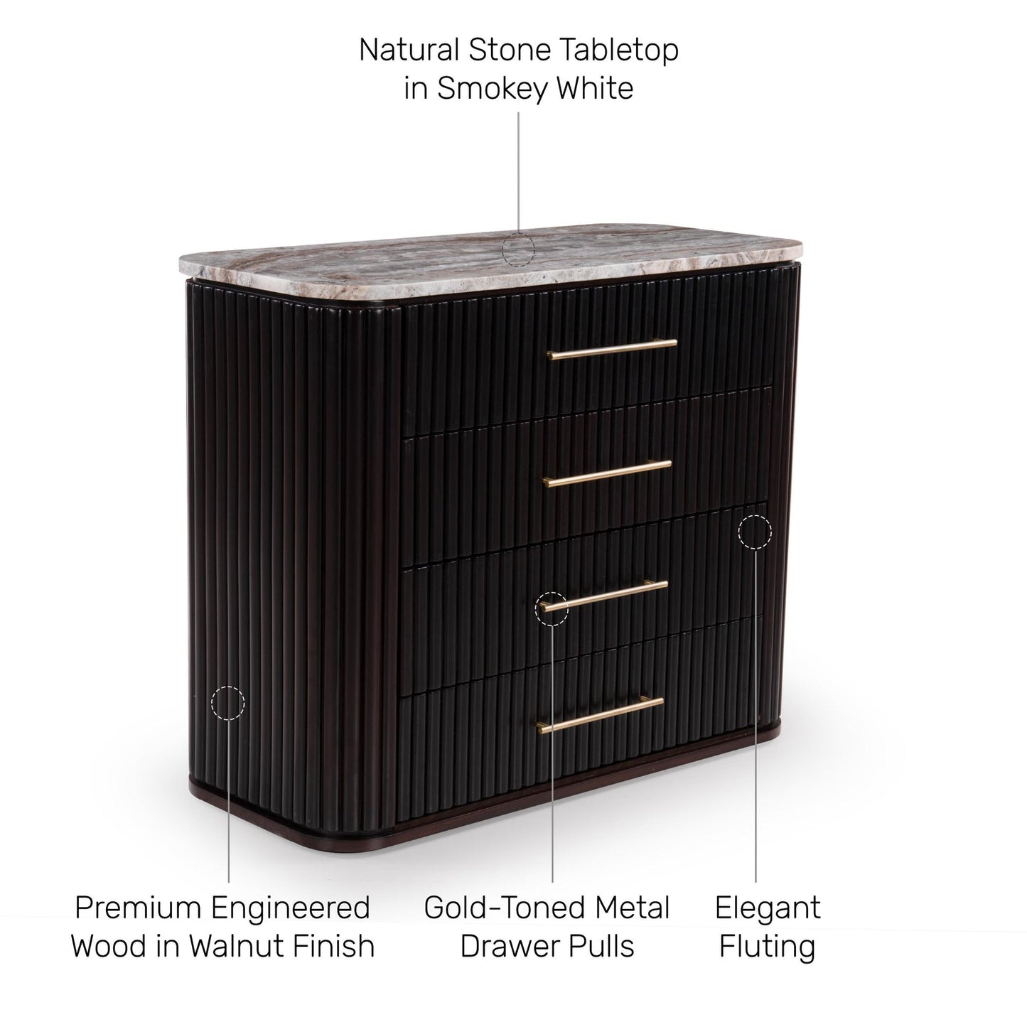 Fluted Chest of Drawers with Natural Stone Tabletop