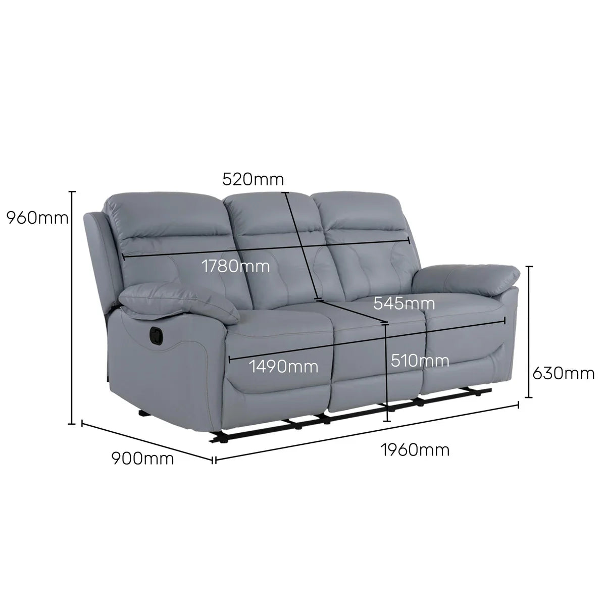 Leatherette 3 Seater Reclining Sofa in Smoke Grey