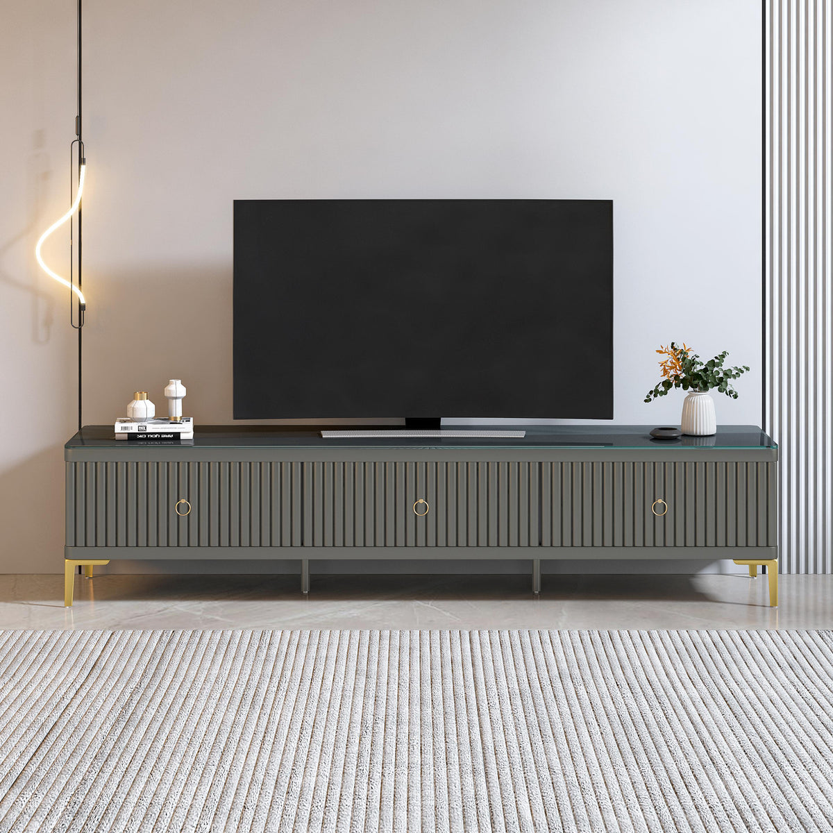 Glass Top TV Unit in Grey with Fluted Detail