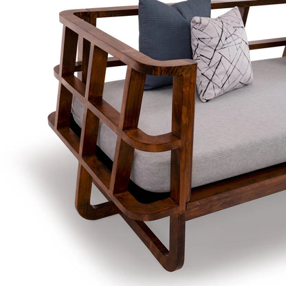 Solid Wood Slatted Sofa Cum Bed In Dark Oak Finish