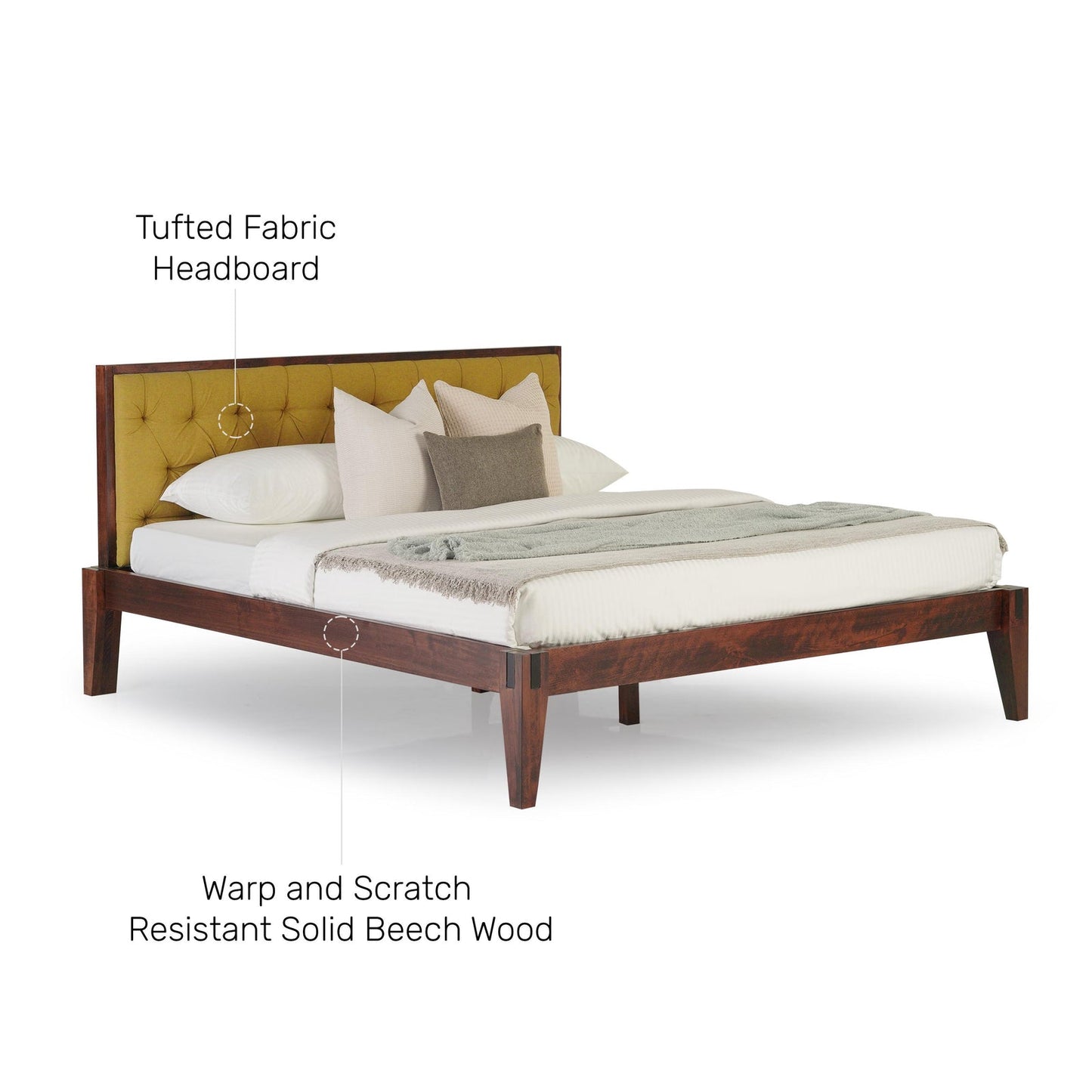 Solid Wood King Size Bed with Upholstered Headboard