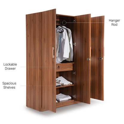 3 Door Wardrobe in Walnut Finish