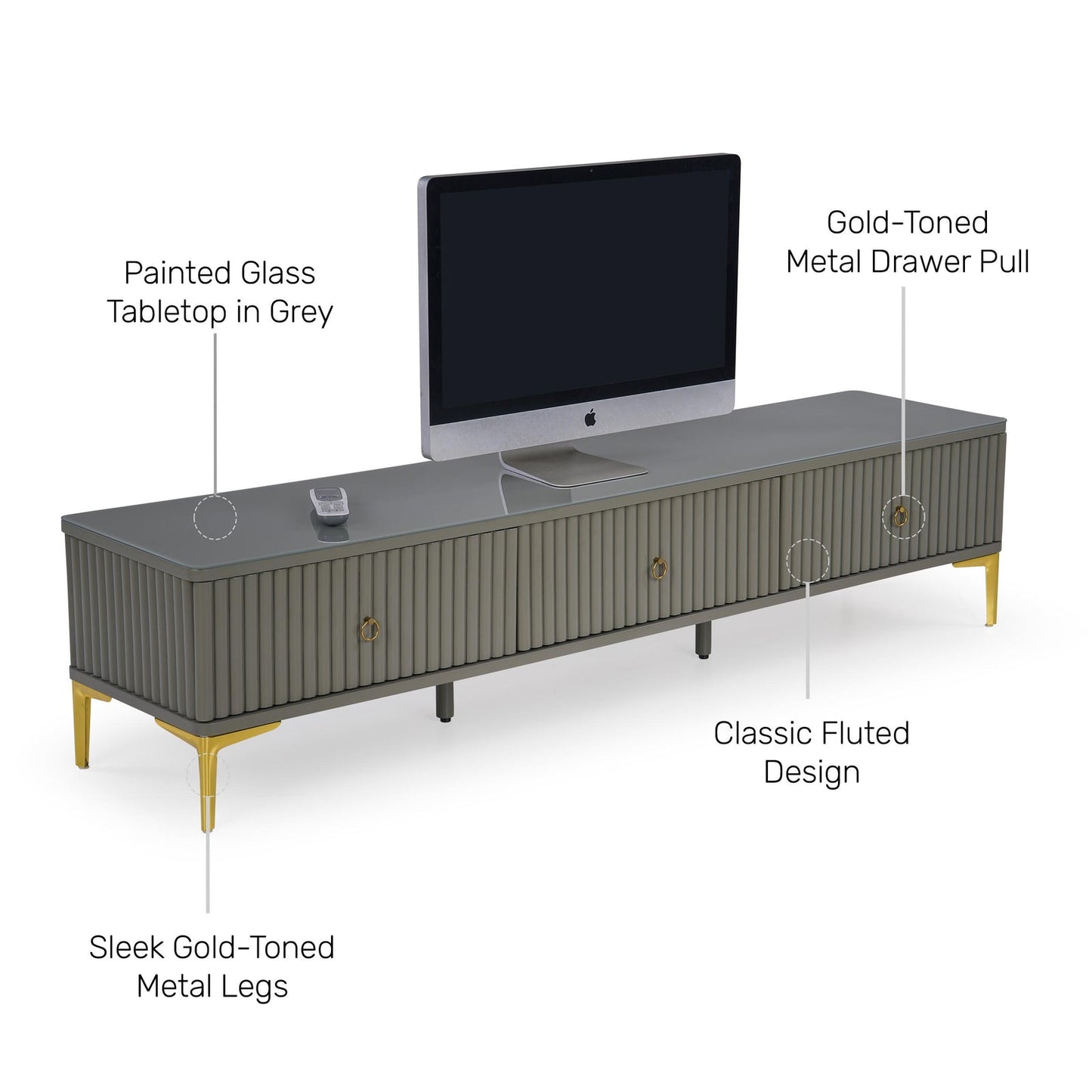 Glass Top TV Unit in Grey with Fluted Detail