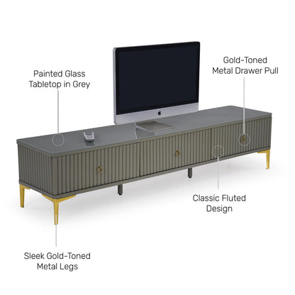 Glass Top TV Unit in Grey with Fluted Detail