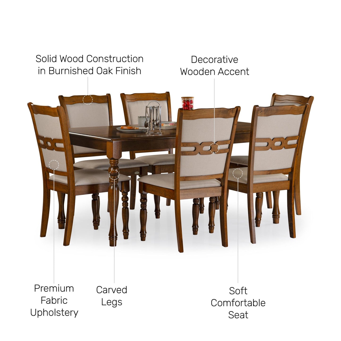 Solid Wood 6 Seater Dining Set in Burnished Oak Finish
