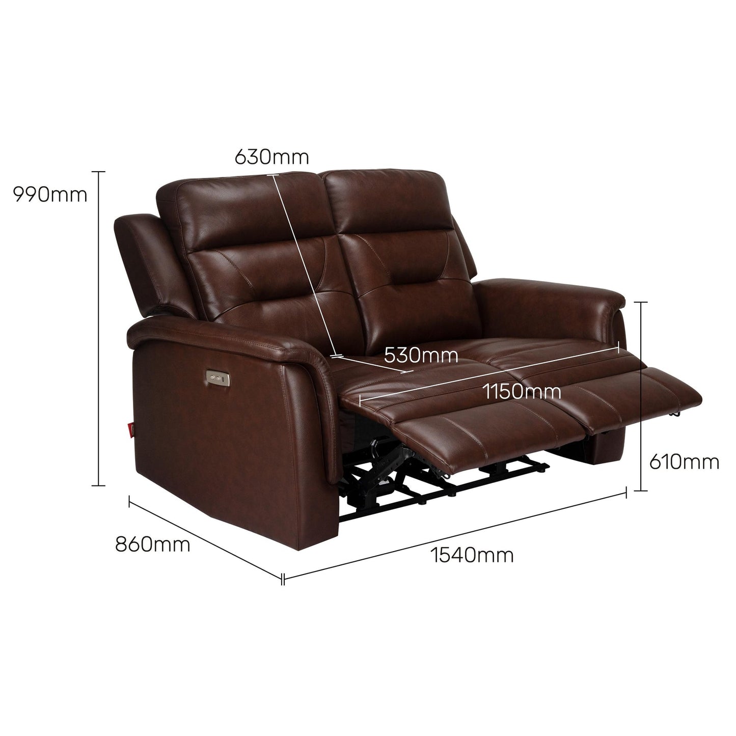 Leather 2 Seater Power Recliner with 2 USB Ports