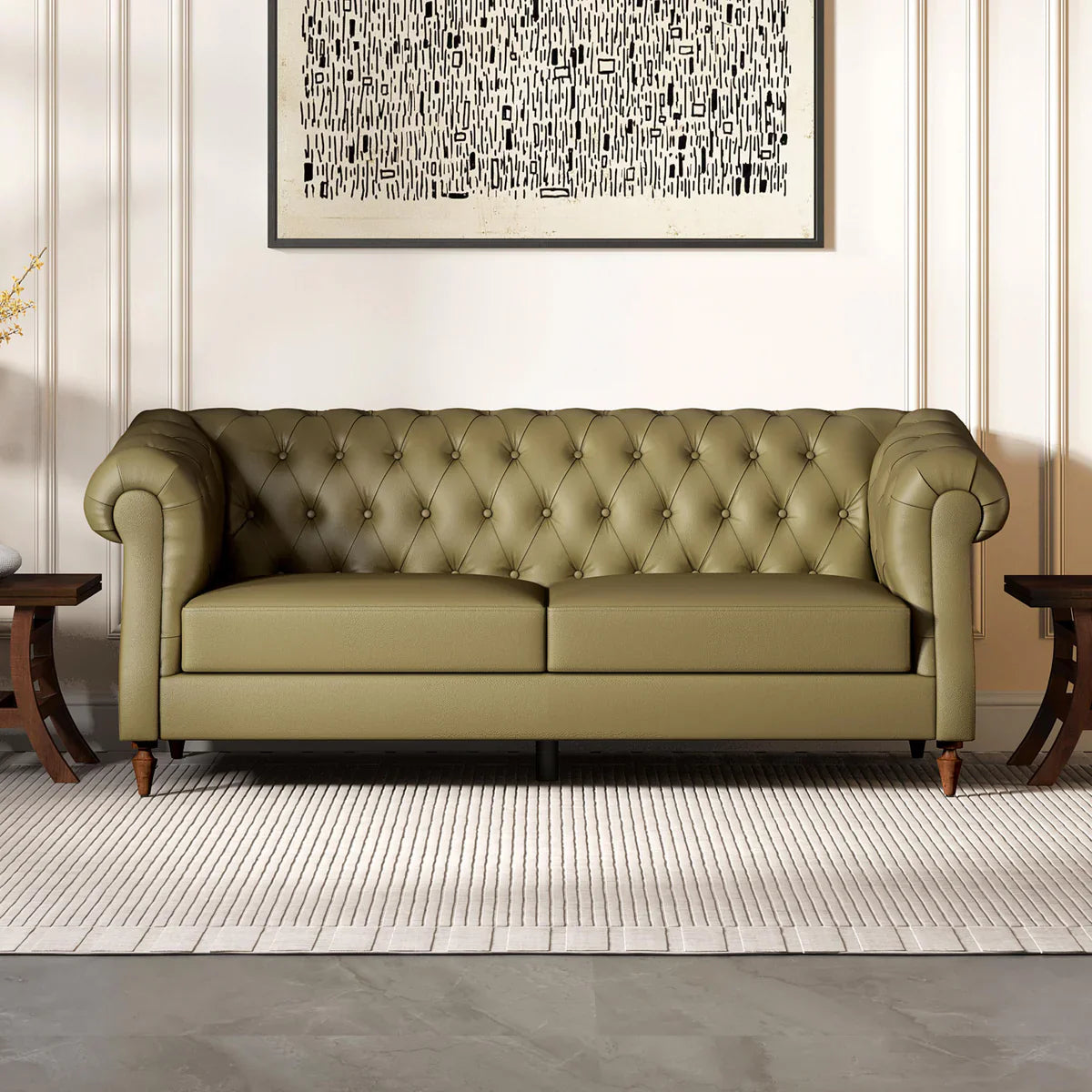 Leatherette 3 Seater Chesterfield Sofa in Olive Green