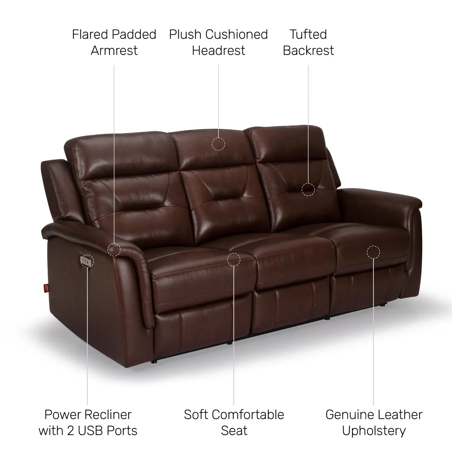 Leather 3 Seater Power Recliner with 2 USB Ports