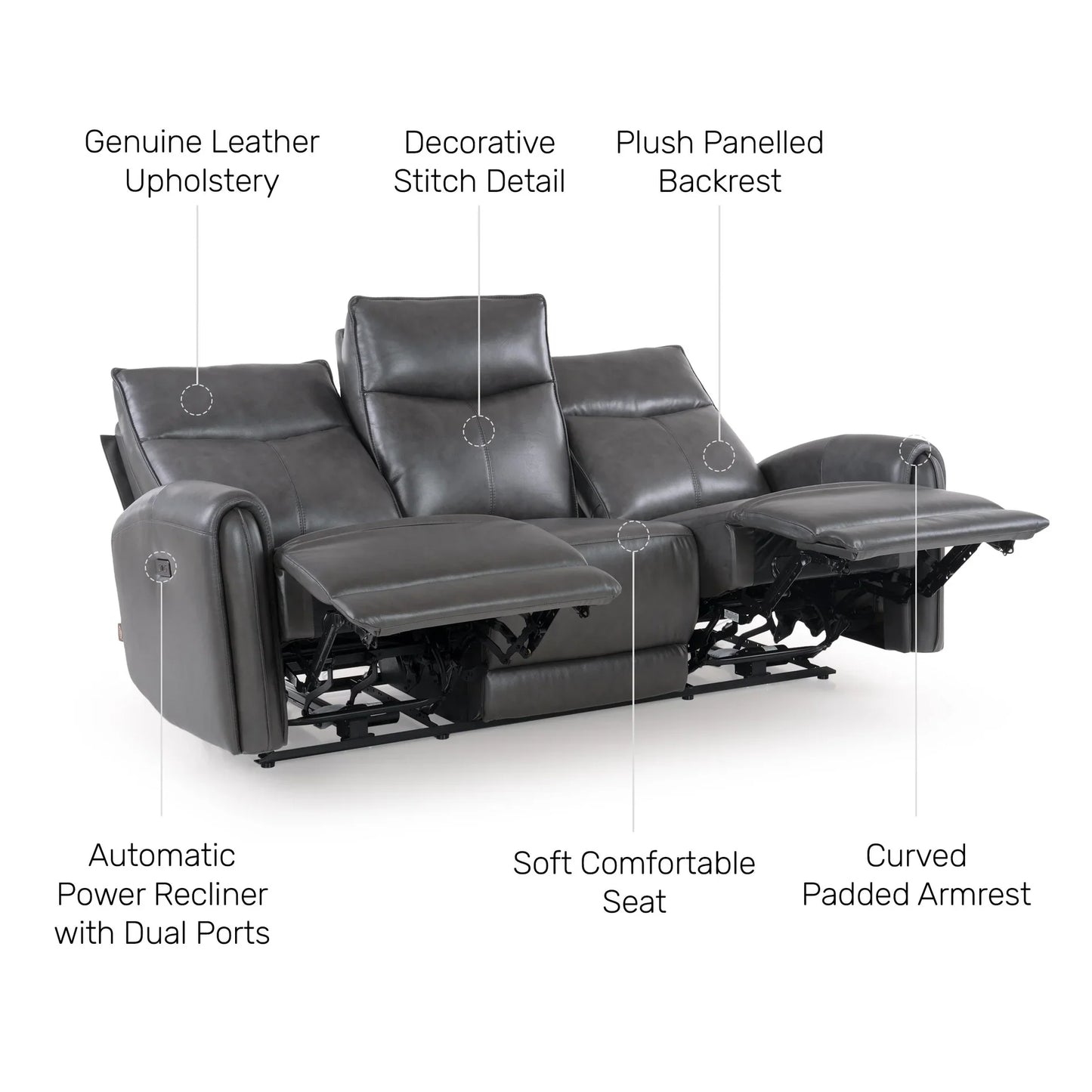 Leather 3 Seater Power Recliner with Charging Ports
