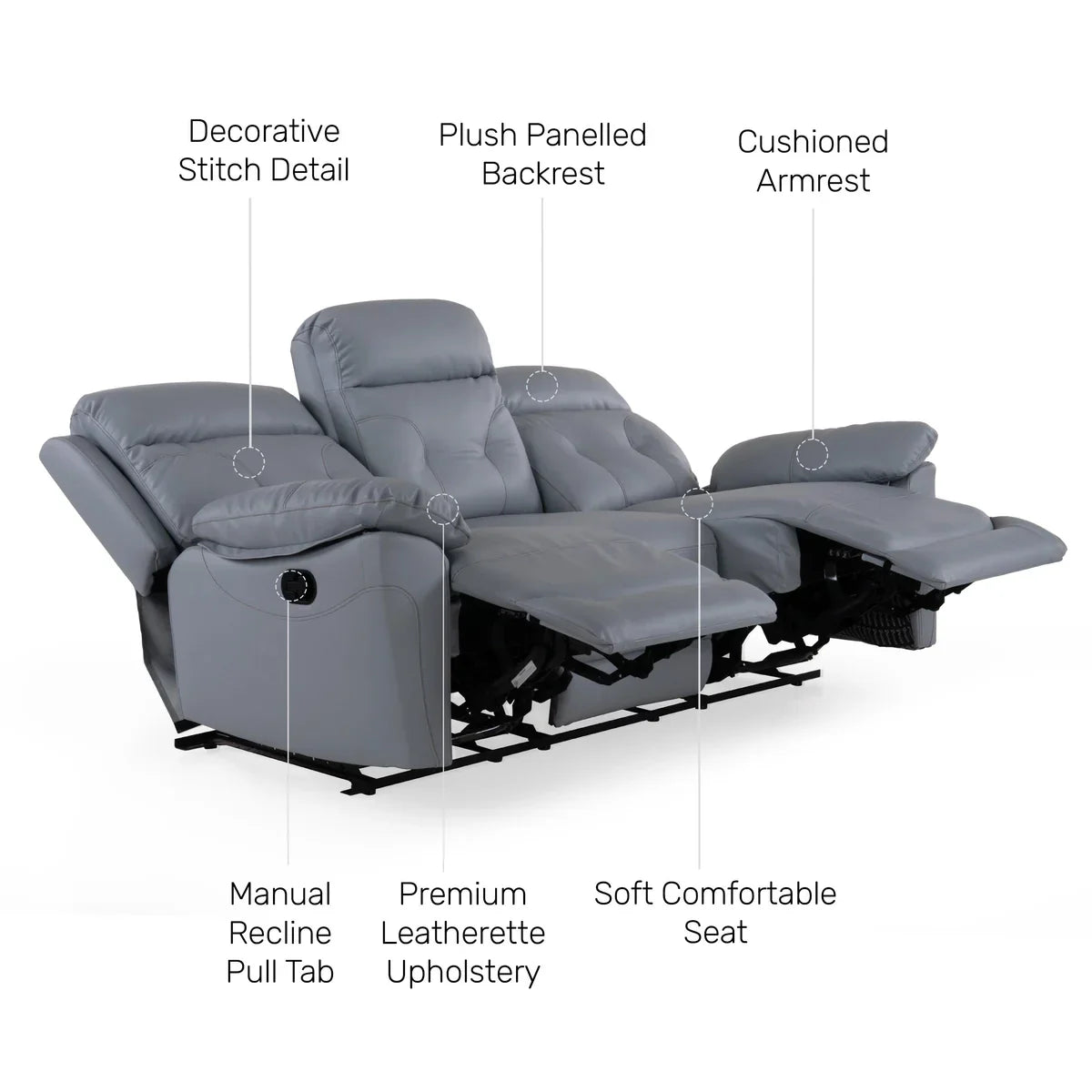 Leatherette 3 Seater Reclining Sofa in Smoke Grey