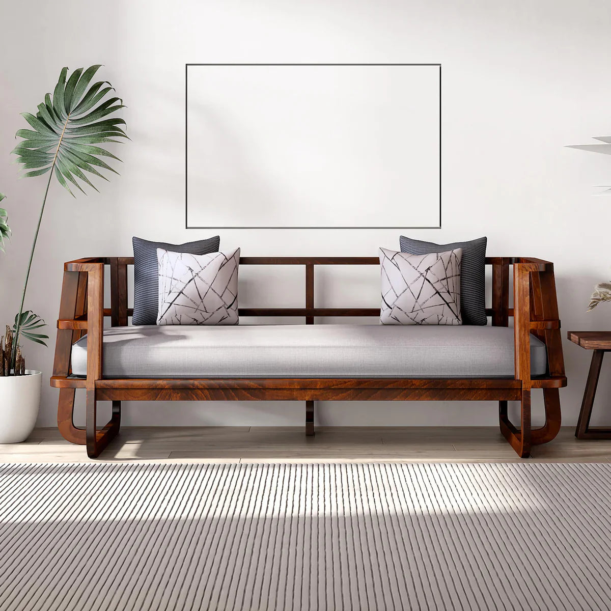 Solid Wood Slatted Sofa Cum Bed In Dark Oak Finish