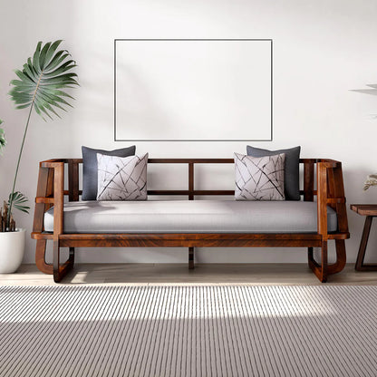 Solid Wood Slatted Sofa Cum Bed In Dark Oak Finish