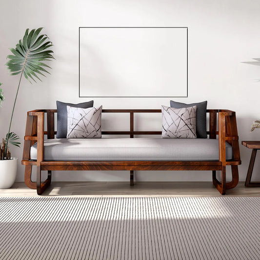 Solid Wood Slatted Sofa Cum Bed In Dark Oak Finish