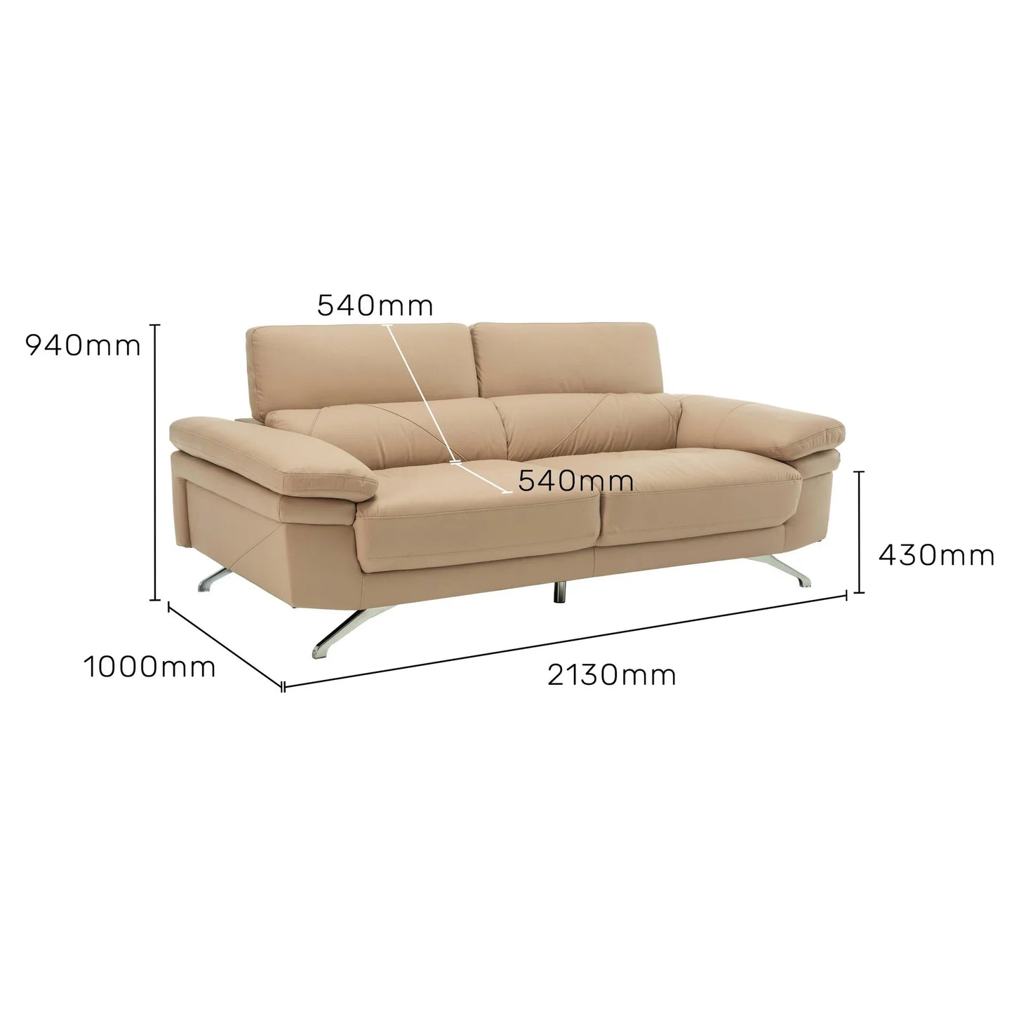 Leather 3 Seater Sofa with Adjustable Headrest