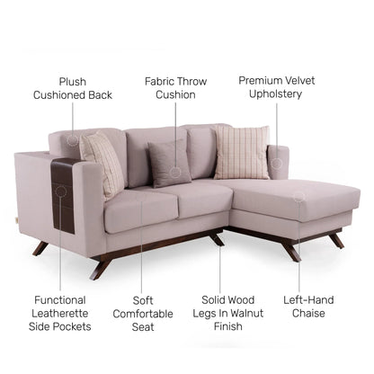 Velvet L-Shaped Sofa with Leatherette Side Pockets