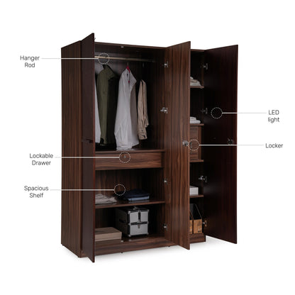 Veneer 3 Door Wardrobe in Walnut Finish