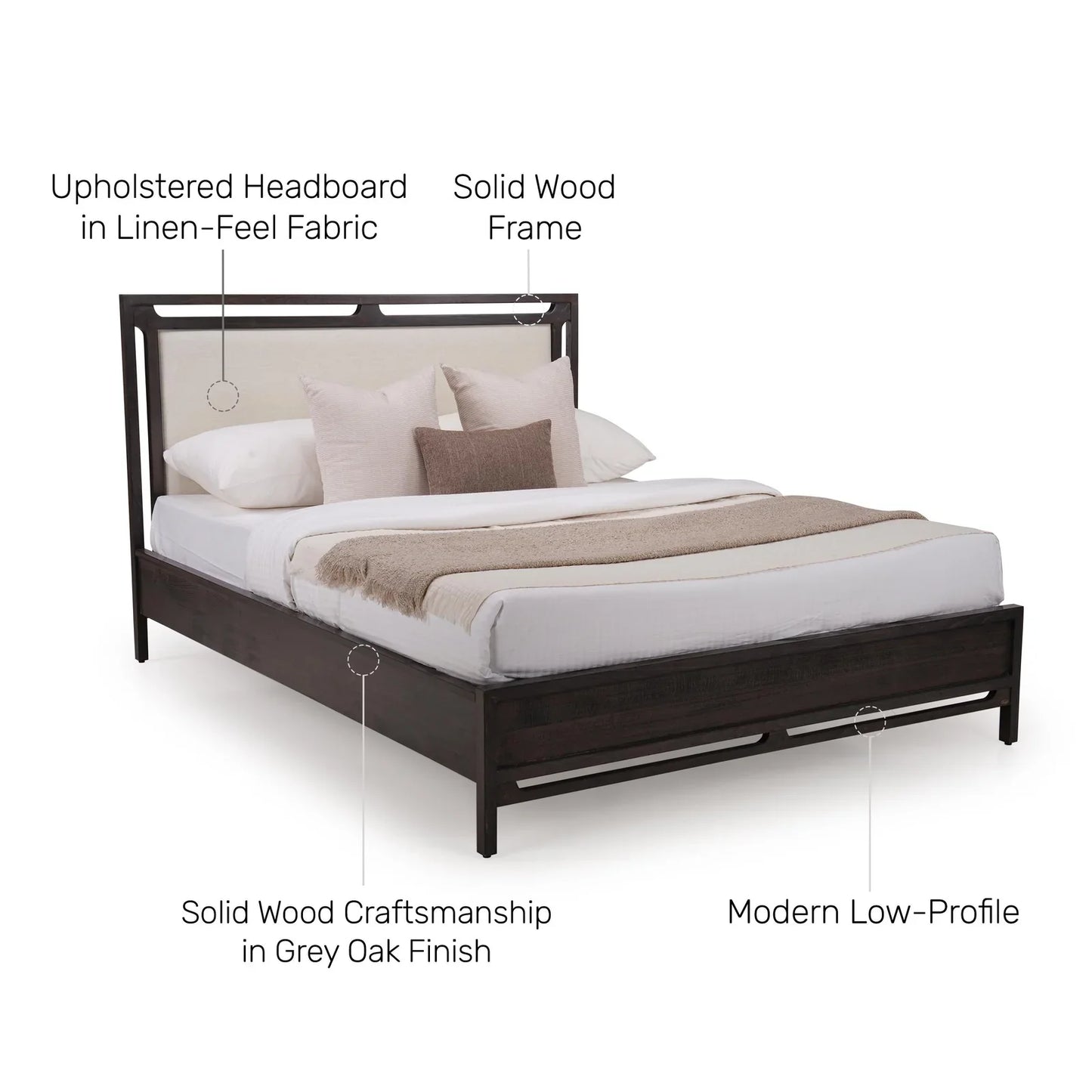 Solid Wood King Size Bed with Upholstered Headboard