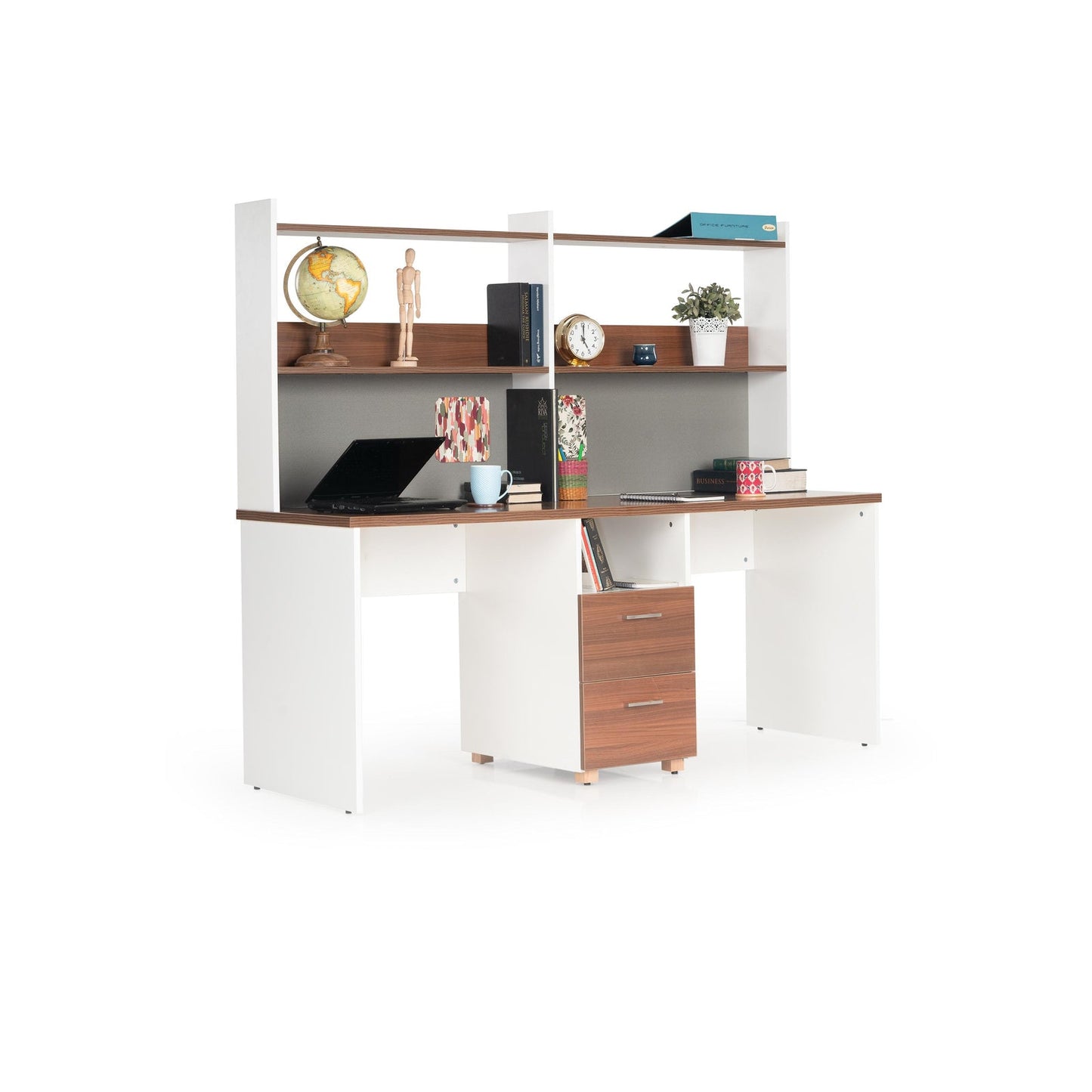 Dual Study Desk in White & Walnut Finish