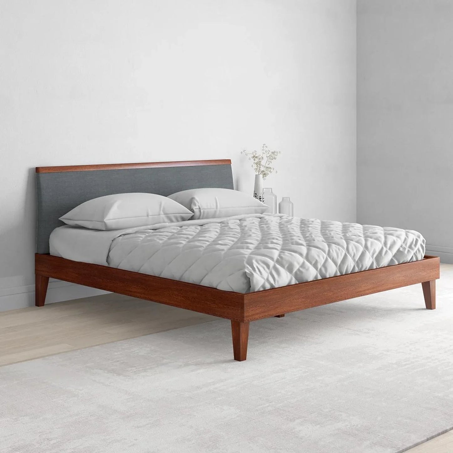 Solid Wood Queen Size Bed with Upholstered Headboard