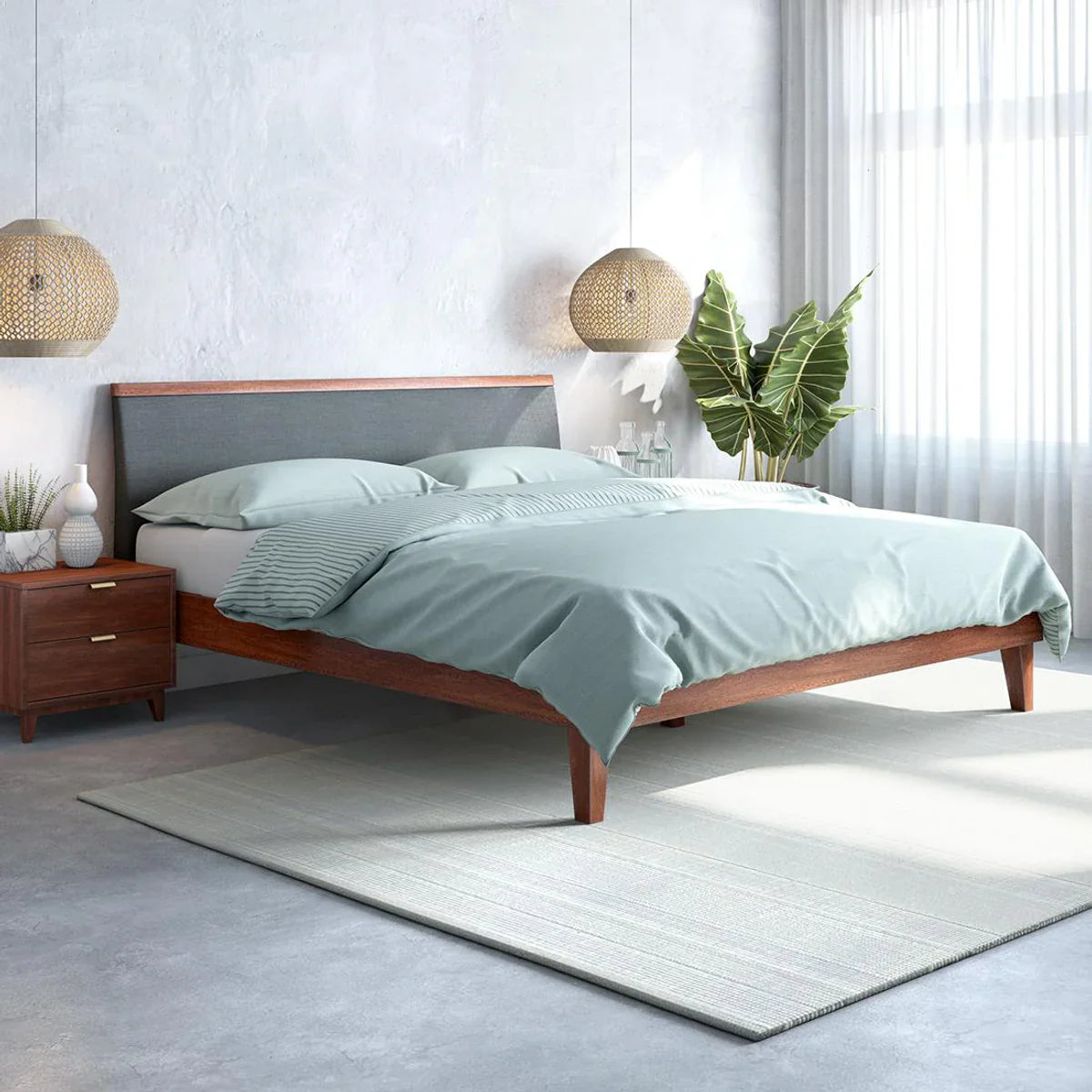 Solid Wood Queen Size Bed with Upholstered Headboard