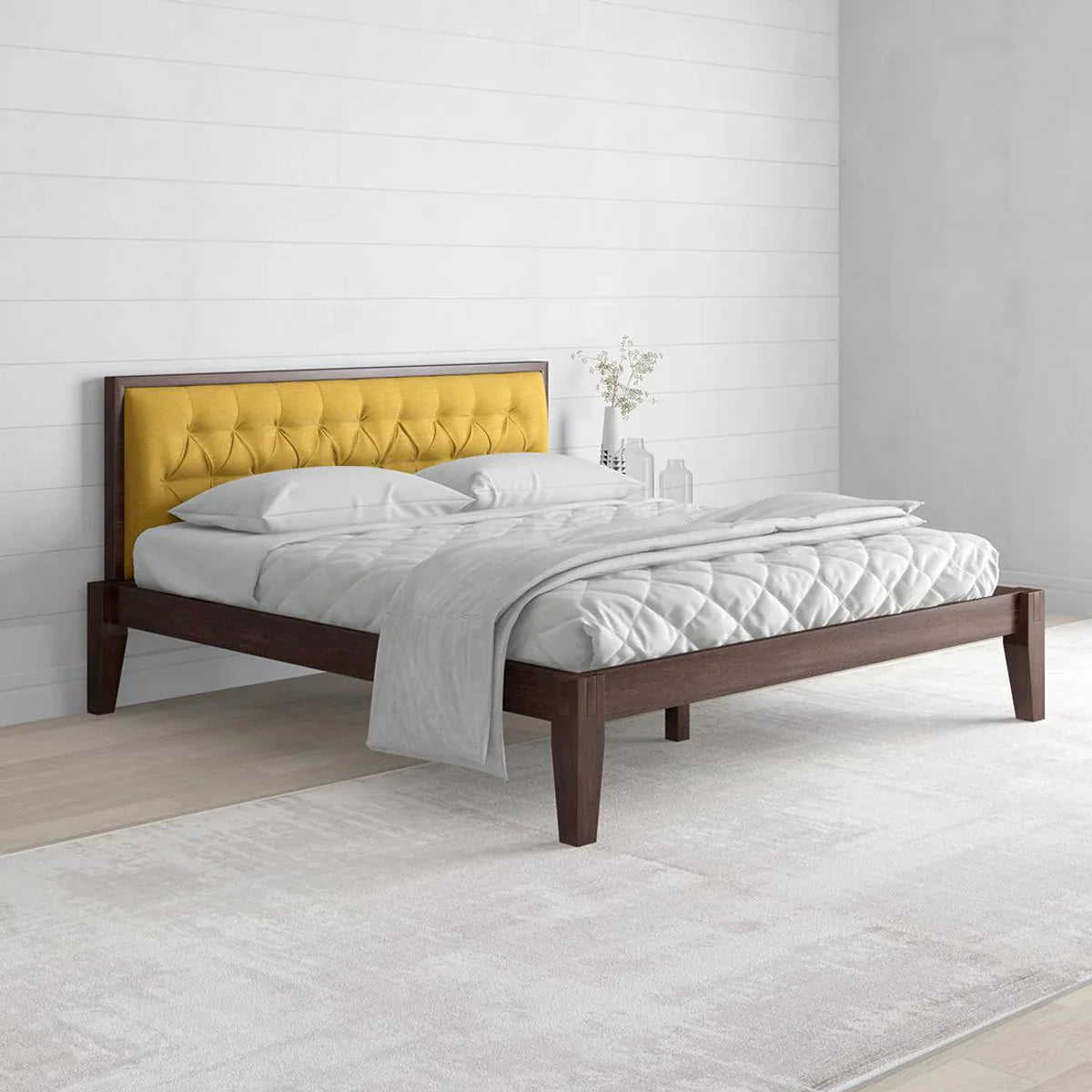 Solid Wood King Size Bed with Upholstered Headboard
